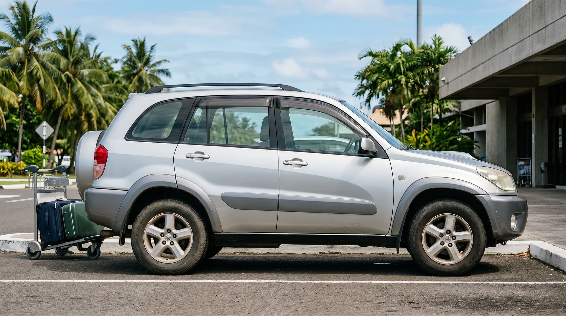 Ein silberner Toyota RAV4 an der Bordsteinkante eines Flughafenterminals unter einem Vordach, daneben ein Gepäckwagen