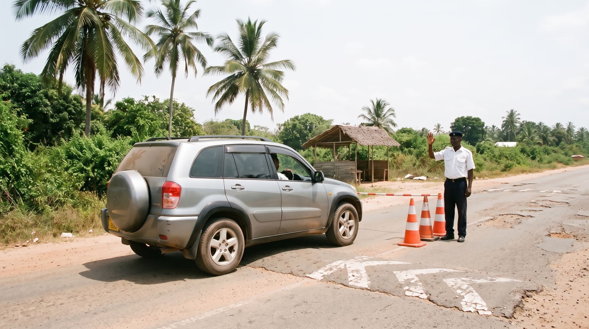 A uniformed officer waving a car down at a roadside checkpoint marked with traffic cones
