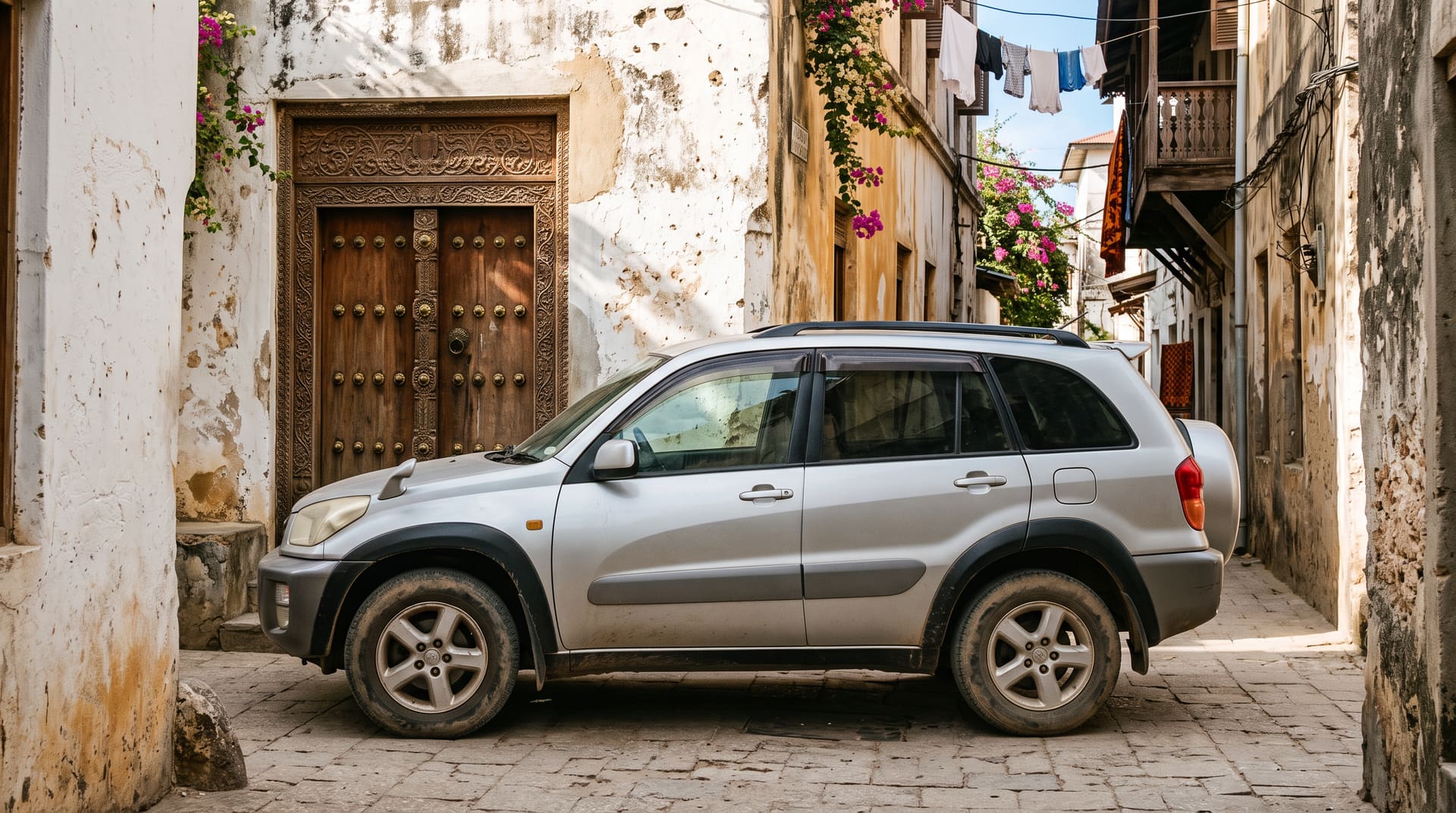 A silver Toyota RAV4 parked in a narrow Stone Town lane beside a carved wooden door