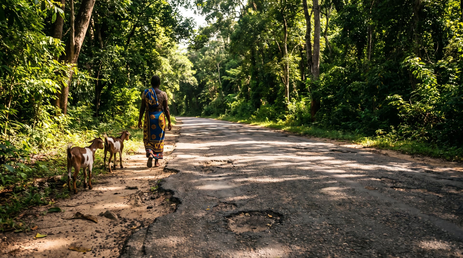 Badly potholed tarmac under trees on a Zanzibar road, with a woman walking two goats along the verge